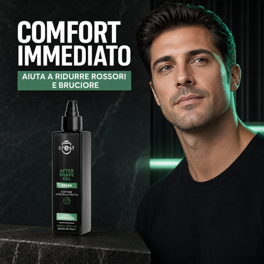 CREST After Shave Gel Fresh 200 ml accanto a un uomo appena rasato, con claim sul comfort immediato e sulla riduzione di rossori e bruciore.