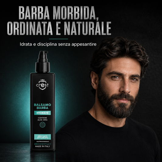 CREST Beard Balm da 200 ml accanto a un modello con barba morbida, ordinata e dal finish naturale.