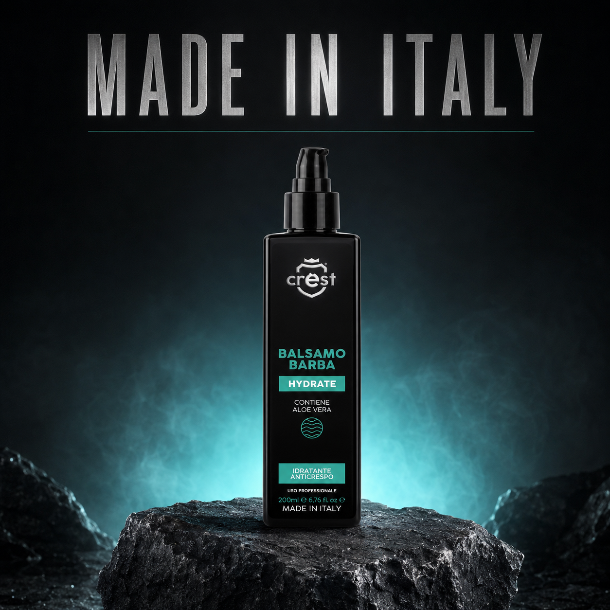 CREST Beard Balm da 200 ml su pietra vulcanica scura con illuminazione turchese e scritta Made in Italy.