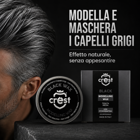 Crest Black Wax cera modellante per capelli grigi, effetto naturale senza appesantire con confezione e scatola.