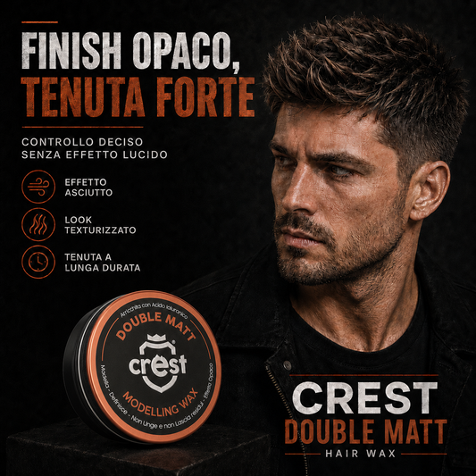 Immagine Shopify della CREST Double Matt cera modellante opaca con finish asciutto, tenuta forte e controllo deciso senza effetto lucido, ideale per look texturizzati e a lunga durata.