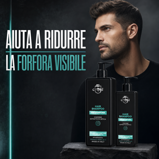 Modello con capelli puliti accanto ai flaconi CREST Hair Shampoo Antiforfora da 1000 ml e 500 ml.