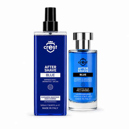 CREST After Shave Blue 100 ml in vetro e 500 ml in plastica affiancati su sfondo bianco.
