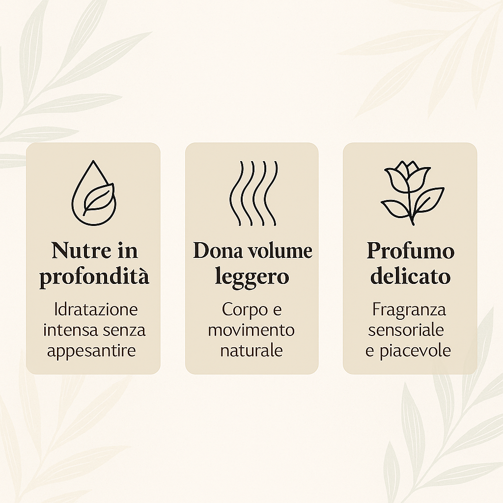 Nutre in profondità, dona volume leggero, profumo delicato