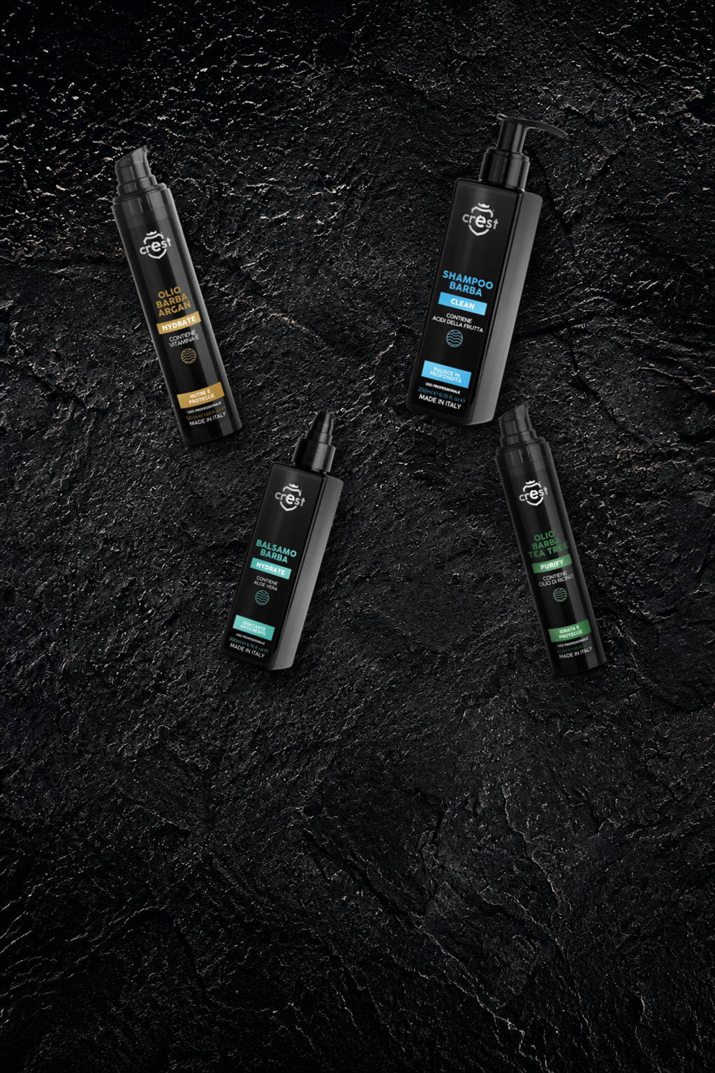 Oli barba CREST Argan e Tea Tree, Shampoo Barba e Balsamo Barba su pietra scura.