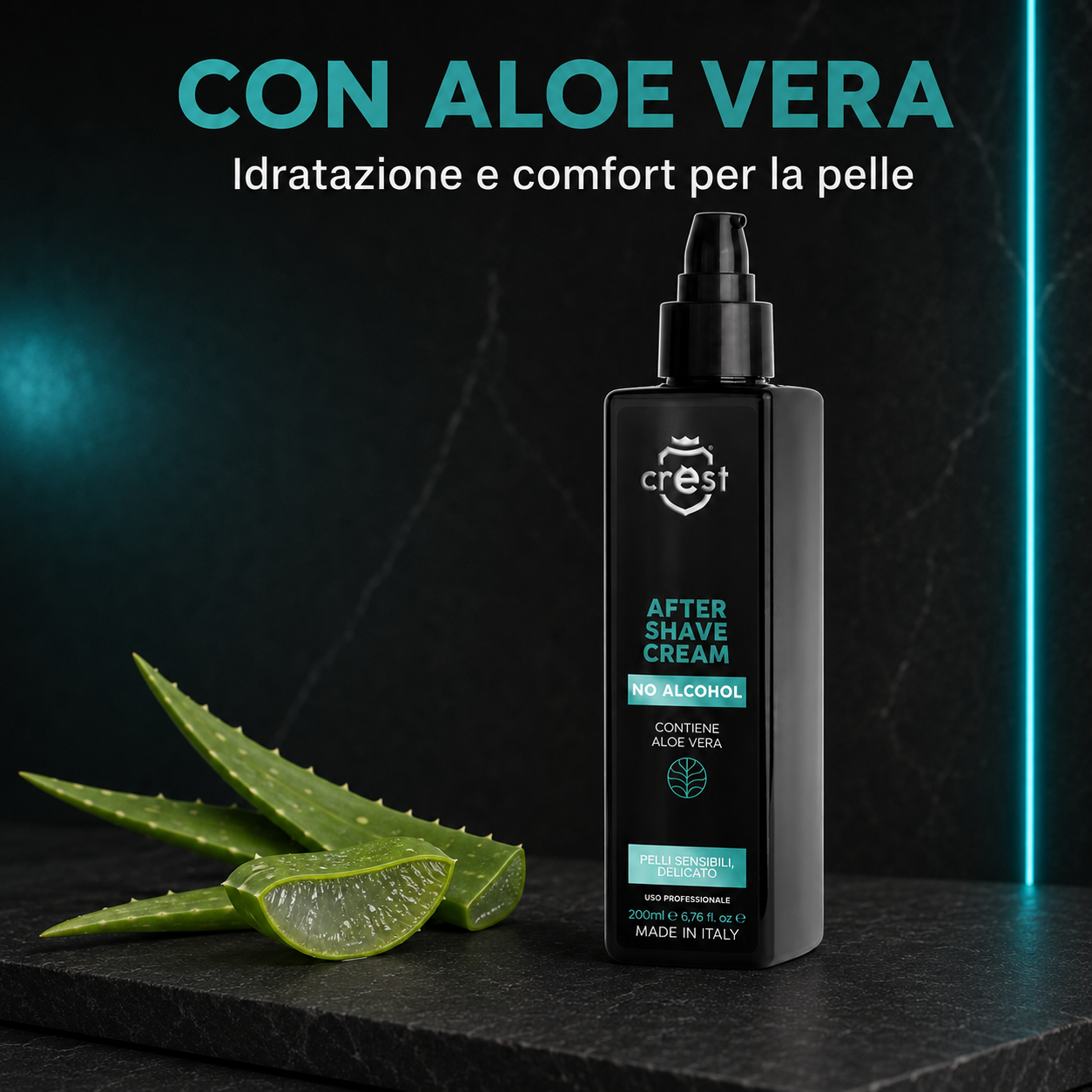 Flacone da 200 ml di CREST After Shave Cream No Alcohol accanto a foglie naturali di aloe vera su pietra scura.