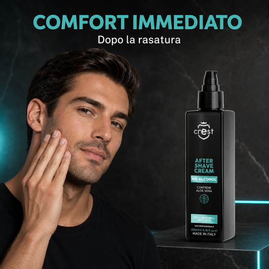Uomo che sfiora la guancia dopo la rasatura accanto al flacone da 200 ml di CREST After Shave Cream No Alcohol.