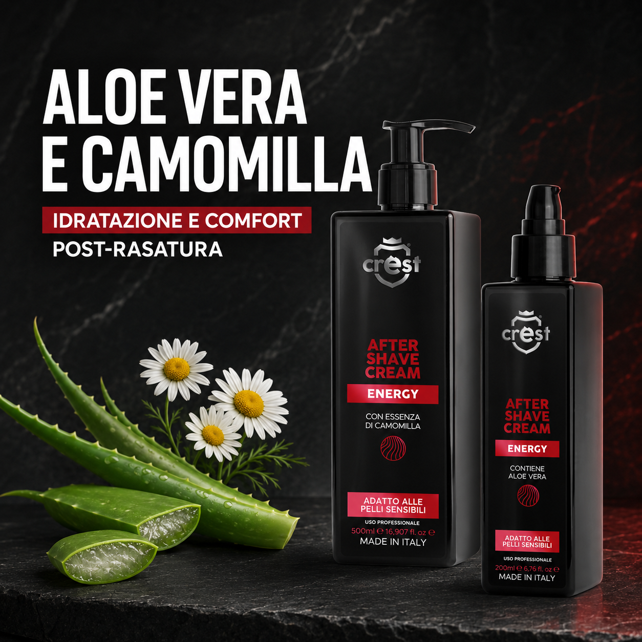 CREST After Shave Cream Energy nei formati 200 ml e 500 ml con Aloe Vera e fiori di Camomilla su una superficie minerale scura.