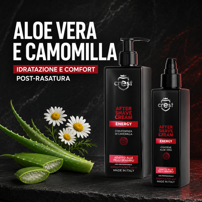 CREST After Shave Cream Energy nei formati 200 ml e 500 ml con Aloe Vera e fiori di Camomilla su una superficie minerale scura.