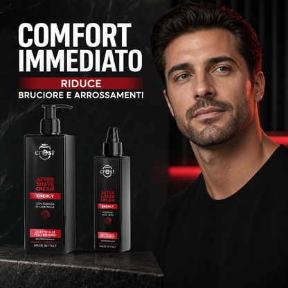 Grafica quadrata di CREST After Shave Cream Energy con confezioni da 200 ml e 500 ml accanto a un uomo dopo la rasatura e claim sul comfort immediato.
