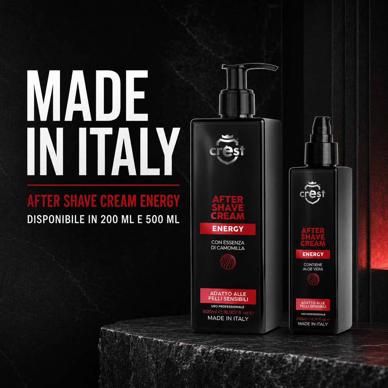 CREST After Shave Cream Energy nei formati 200 ml e 500 ml su una superficie minerale scura, con chiusura commerciale Made in Italy.