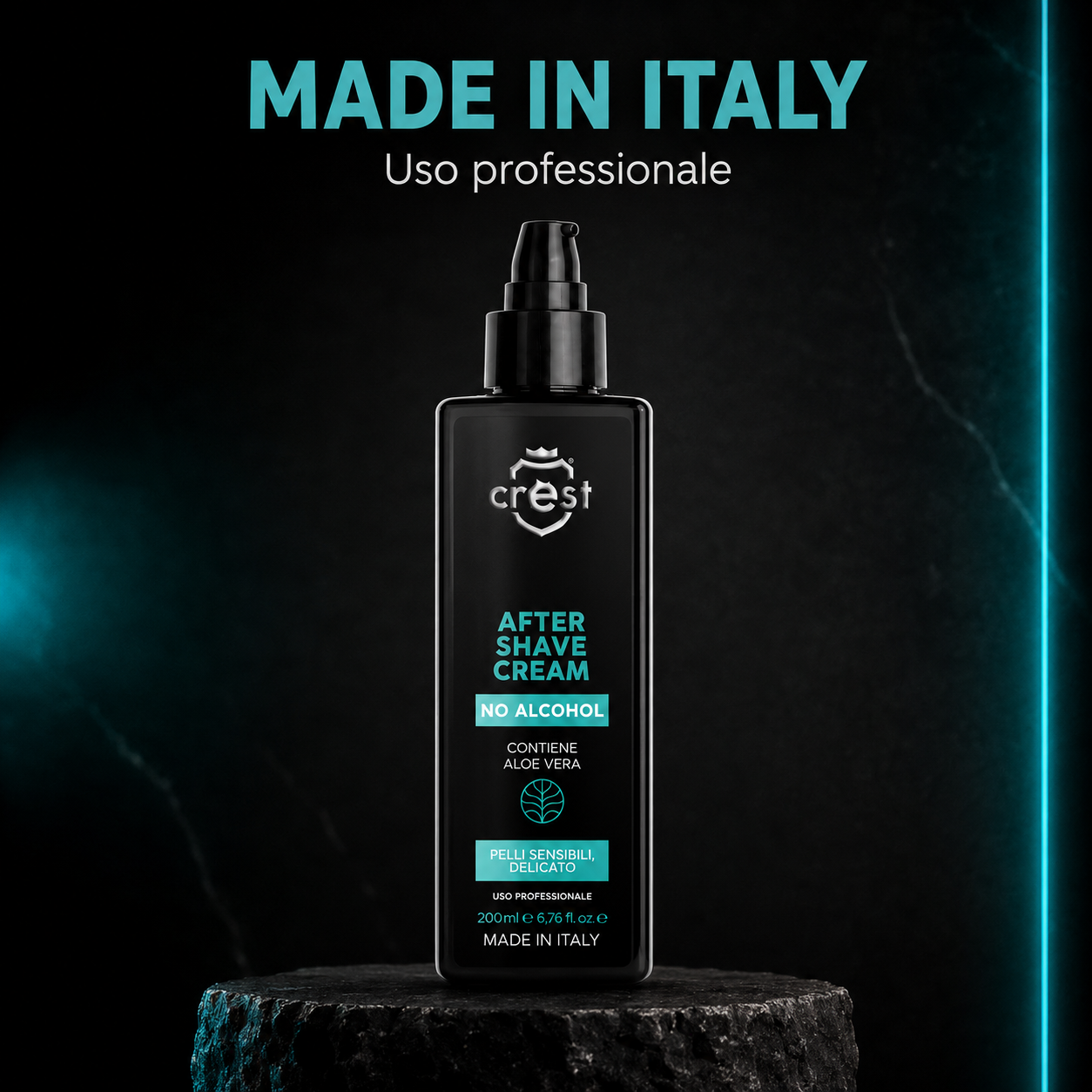 Flacone da 200 ml di CREST After Shave Cream No Alcohol su pietra scura, con le diciture Made in Italy e uso professionale.