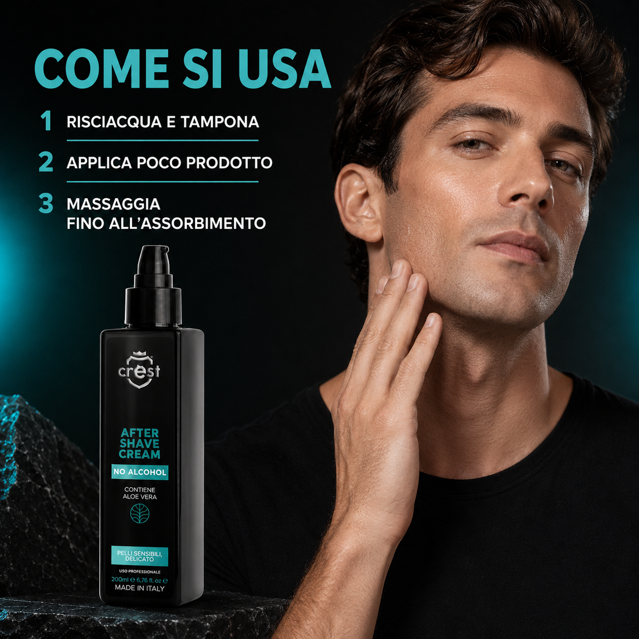 Uomo che applica CREST After Shave Cream No Alcohol sul viso accanto al flacone da 200 ml e ai tre passaggi per l’utilizzo.