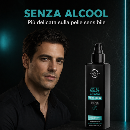 Uomo con pelle curata accanto al flacone da 200 ml di CREST After Shave Cream No Alcohol, formula delicata per pelli sensibili.
