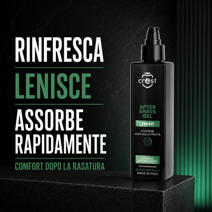 CREST After Shave Gel Fresh 200 ml con riepilogo dei benefici rinfrescante, lenitivo e a rapido assorbimento.