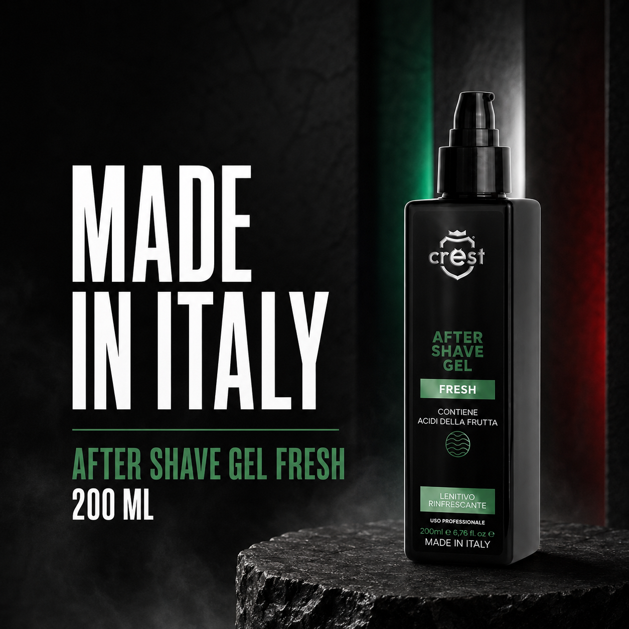 CREST After Shave Gel Fresh 200 ml su una superficie in pietra scura con illuminazione tricolore e messaggio Made in Italy.
