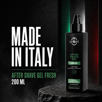 CREST After Shave Gel Fresh 200 ml su una superficie in pietra scura con illuminazione tricolore e messaggio Made in Italy.