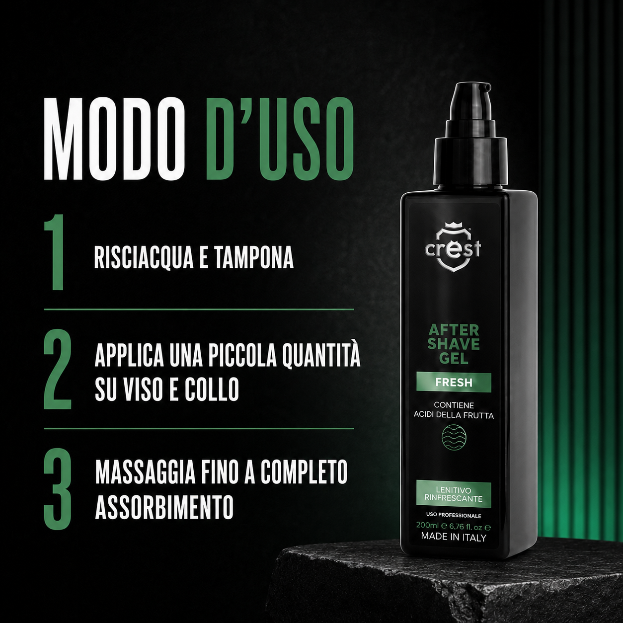 CREST After Shave Gel Fresh 200 ml con modalità d’uso in tre passaggi per l’applicazione su viso e collo dopo la rasatura.