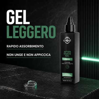 CREST After Shave Gel Fresh 200 ml con una piccola quantità di gel trasparente, presentato come leggero, a rapido assorbimento e non appiccicoso.