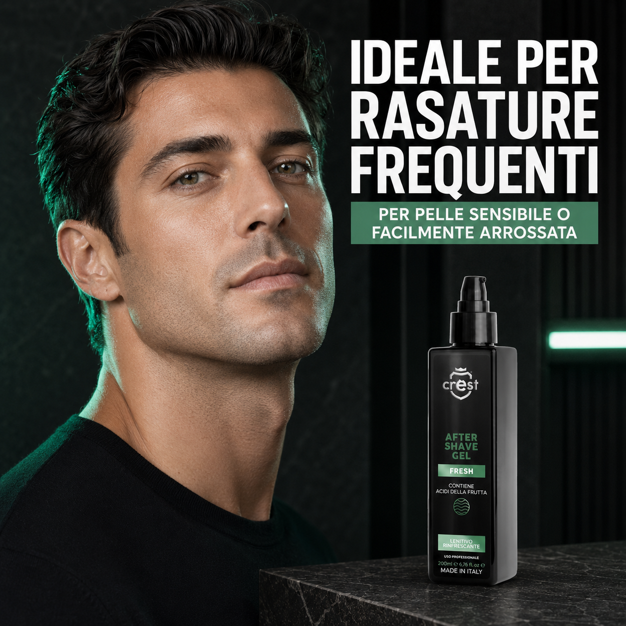 CREST After Shave Gel Fresh 200 ml accanto a un uomo appena rasato, indicato per rasature frequenti e pelle sensibile o facilmente arrossata.
