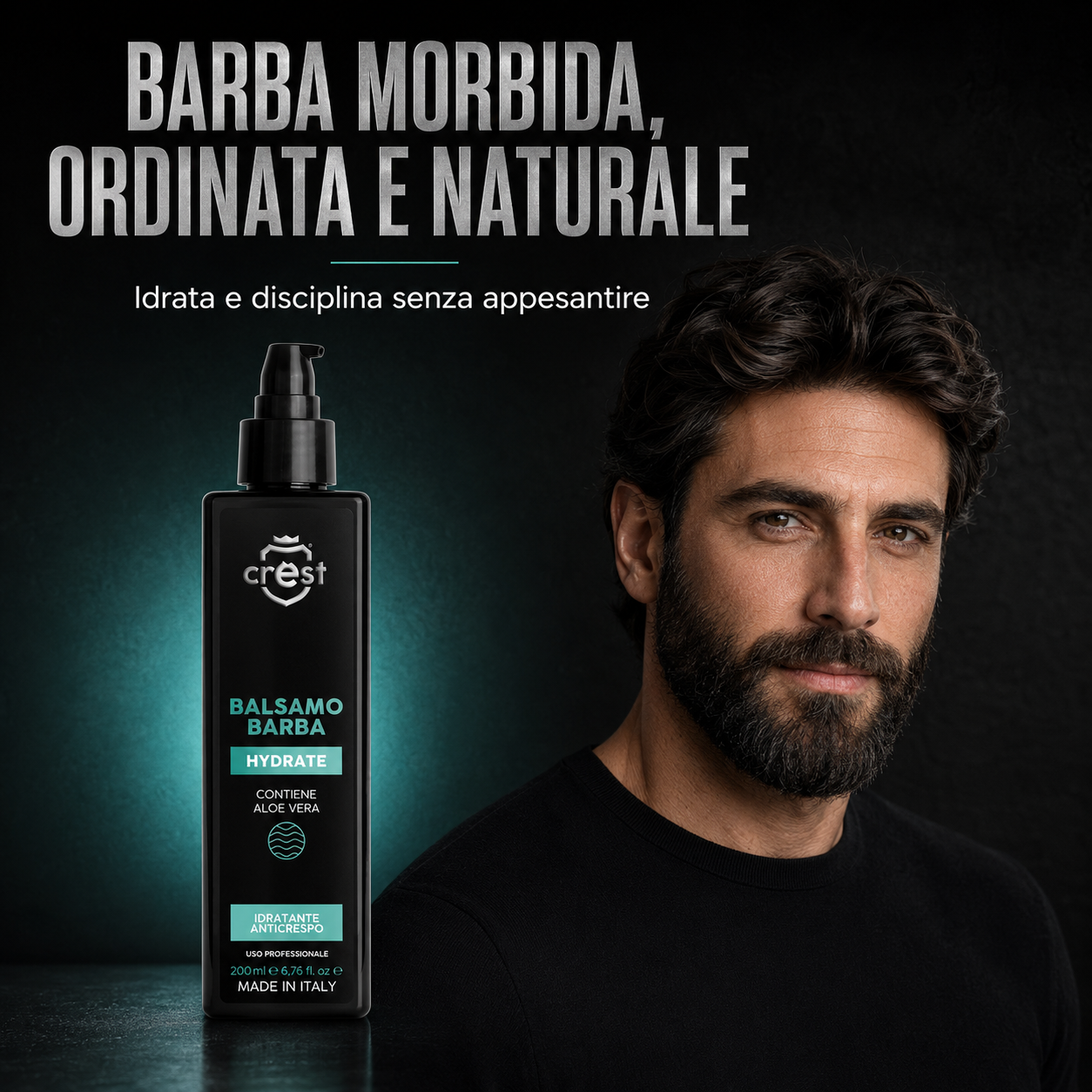CREST Beard Balm da 200 ml accanto a un modello con barba morbida, ordinata e dal finish naturale.