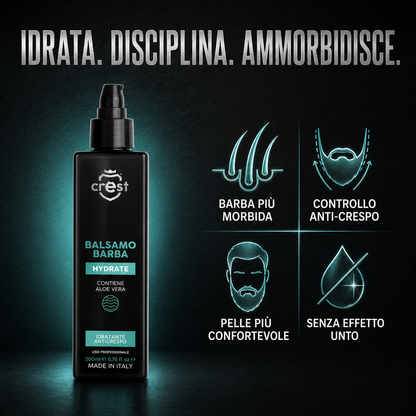 CREST Beard Balm con quattro benefici: barba più morbida, controllo anti-crespo, pelle più confortevole e finish senza effetto unto.