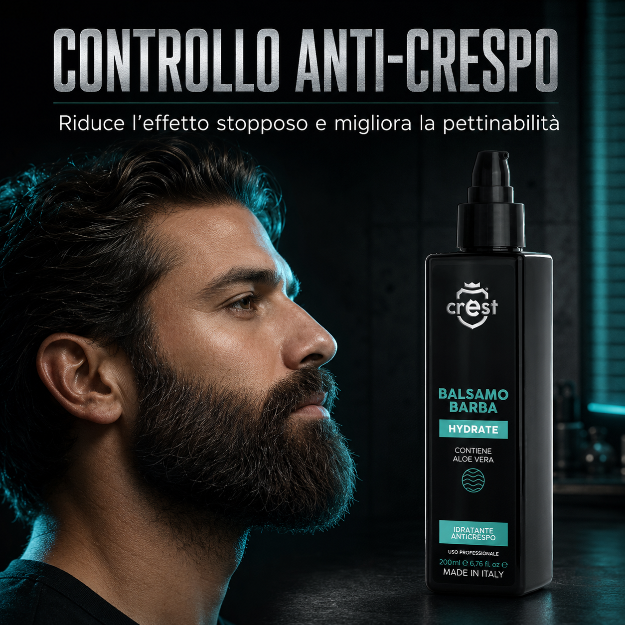 CREST Beard Balm da 200 ml con modello dalla barba disciplinata per comunicare il controllo anti-crespo e una migliore pettinabilità.