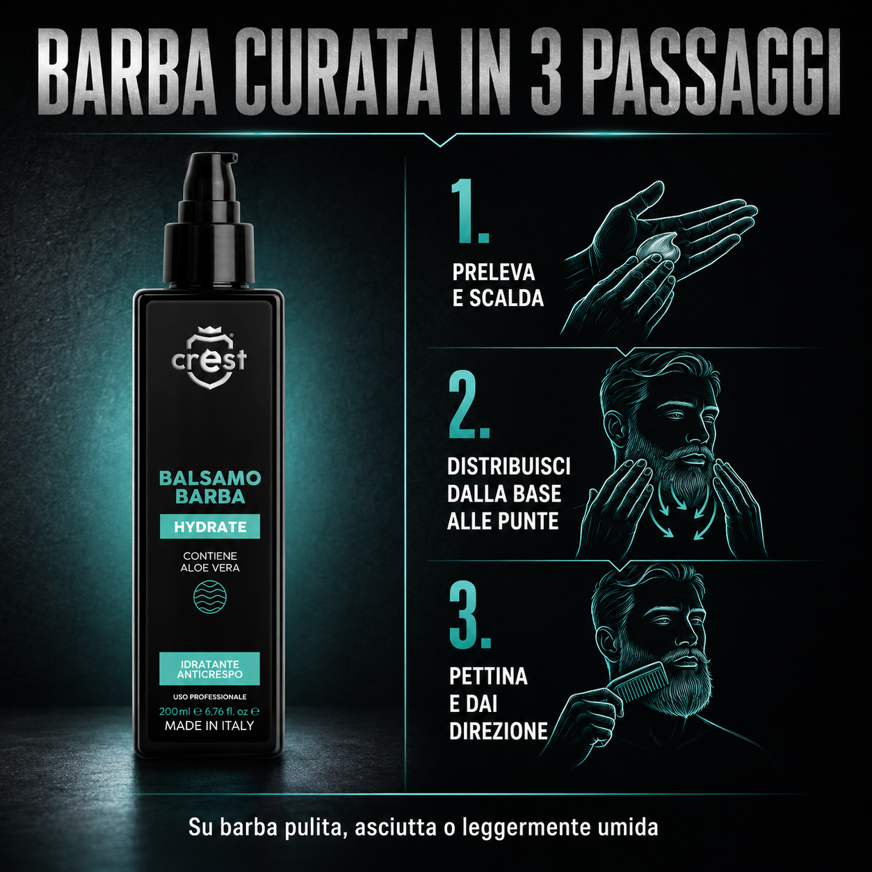 Modalità d’uso di CREST Beard Balm in tre passaggi: scaldare il prodotto, distribuirlo sulla barba e pettinare.