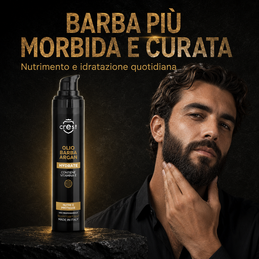 CREST Beard Oil Argan da 50 ml accanto a un uomo con barba morbida, ordinata e naturalmente curata.