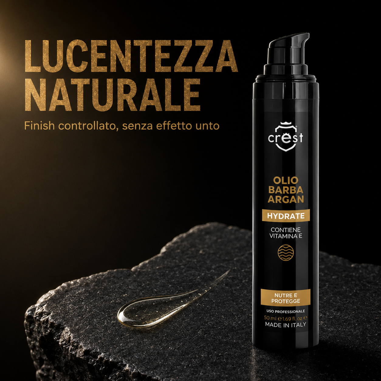 CREST Beard Oil Argan da 50 ml con una texture setosa e leggermente dorata, per una lucentezza naturale e controllata.
