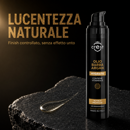CREST Beard Oil Argan da 50 ml con una texture setosa e leggermente dorata, per una lucentezza naturale e controllata.