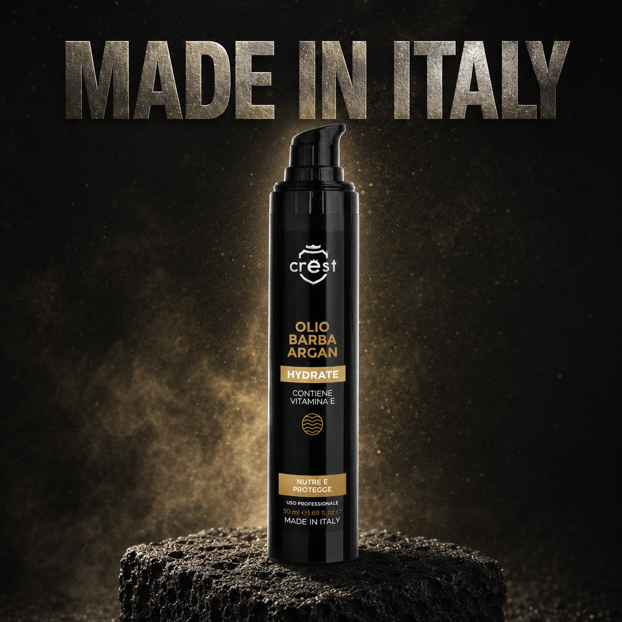 CREST Beard Oil Argan da 50 ml su pietra lavica nera, in un’ambientazione premium nero e oro dedicata al Made in Italy.