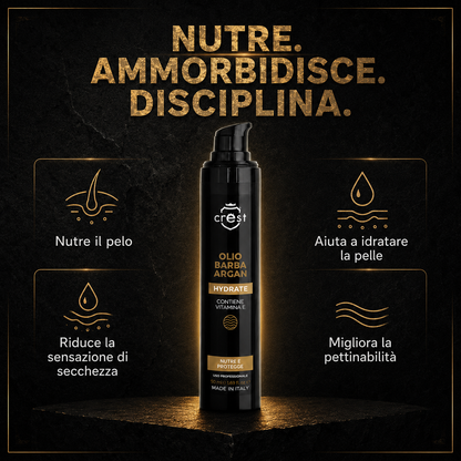 CREST Beard Oil Argan da 50 ml con quattro benefici per barba e pelle: nutrimento, idratazione, minore sensazione di secchezza e migliore pettinabilità.