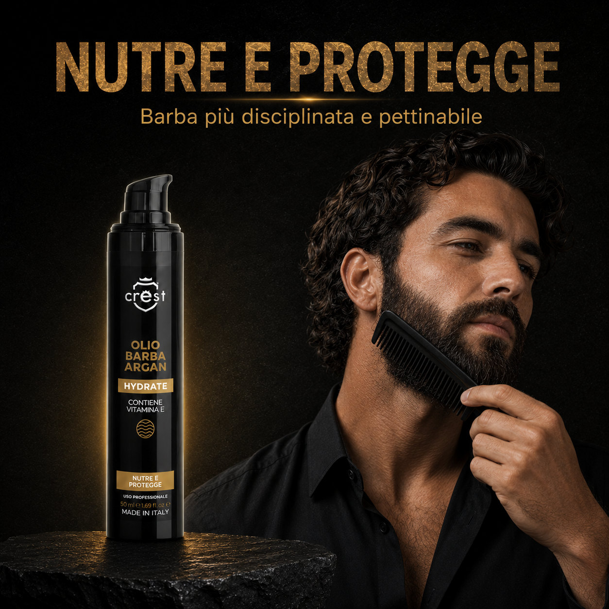 CREST Beard Oil Argan da 50 ml accanto a un uomo che pettina una barba morbida, disciplinata e curata.