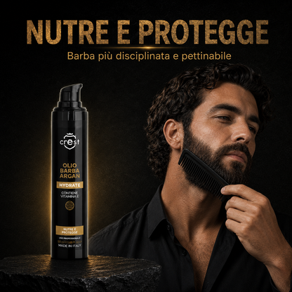 CREST Beard Oil Argan da 50 ml accanto a un uomo che pettina una barba morbida, disciplinata e curata.