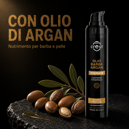 CREST Beard Oil Argan da 50 ml con frutti, noccioli e una texture dorata di olio di Argan su pietra scura.