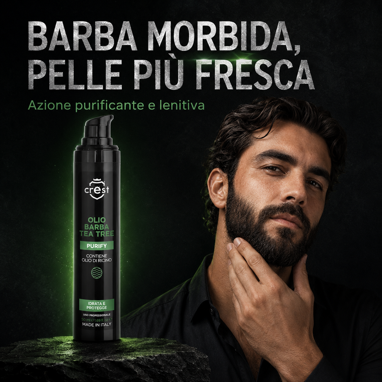 CREST Beard Oil Tea Tree da 50 ml accanto a un uomo con barba morbida, ordinata e pelle dall’aspetto fresco.