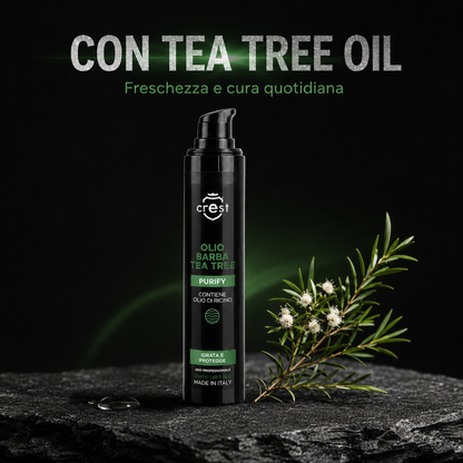 CREST Beard Oil Tea Tree da 50 ml accanto a un ramo realistico di Tea Tree, in un’ambientazione premium dedicata alla cura quotidiana della barba.