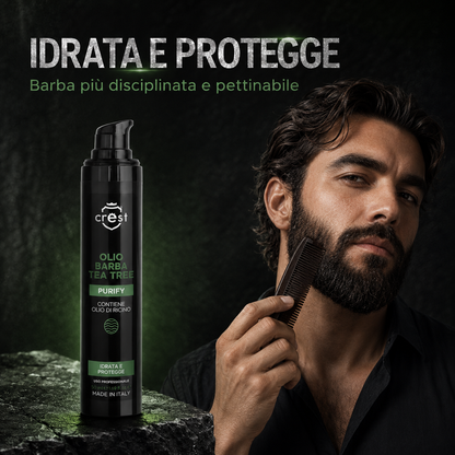 CREST Beard Oil Tea Tree da 50 ml accanto a un uomo che pettina una barba morbida, disciplinata e curata.