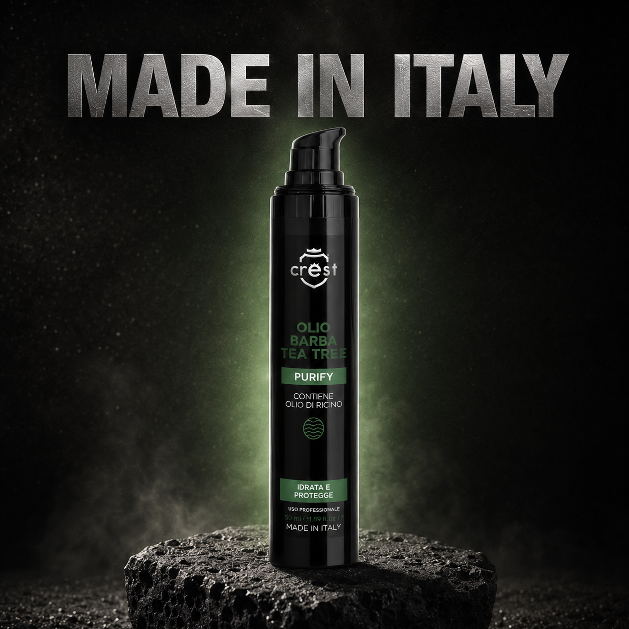 CREST Beard Oil Tea Tree da 50 ml su pietra lavica nera, in un’ambientazione premium dedicata al Made in Italy.