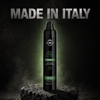 CREST Beard Oil Tea Tree da 50 ml su pietra lavica nera, in un’ambientazione premium dedicata al Made in Italy.