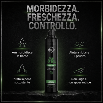 CREST Beard Oil Tea Tree da 50 ml con quattro benefici per barba e pelle: morbidezza, idratazione, riduzione del prurito e texture non appesantente.