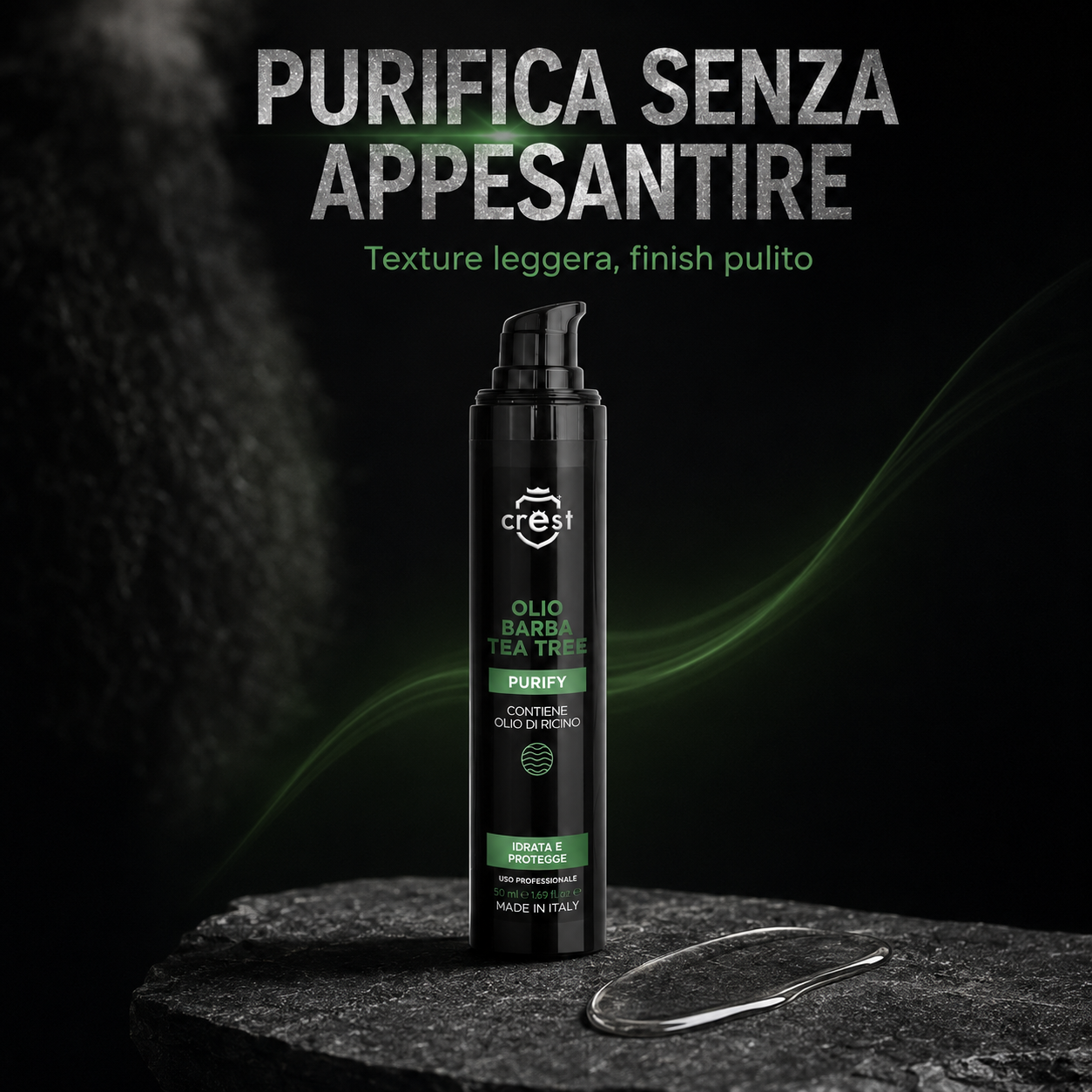 CREST Beard Oil Tea Tree da 50 ml con una texture oleosa trasparente e leggera su pietra scura, per un finish pulito senza appesantire.