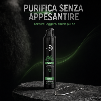 CREST Beard Oil Tea Tree da 50 ml con una texture oleosa trasparente e leggera su pietra scura, per un finish pulito senza appesantire.