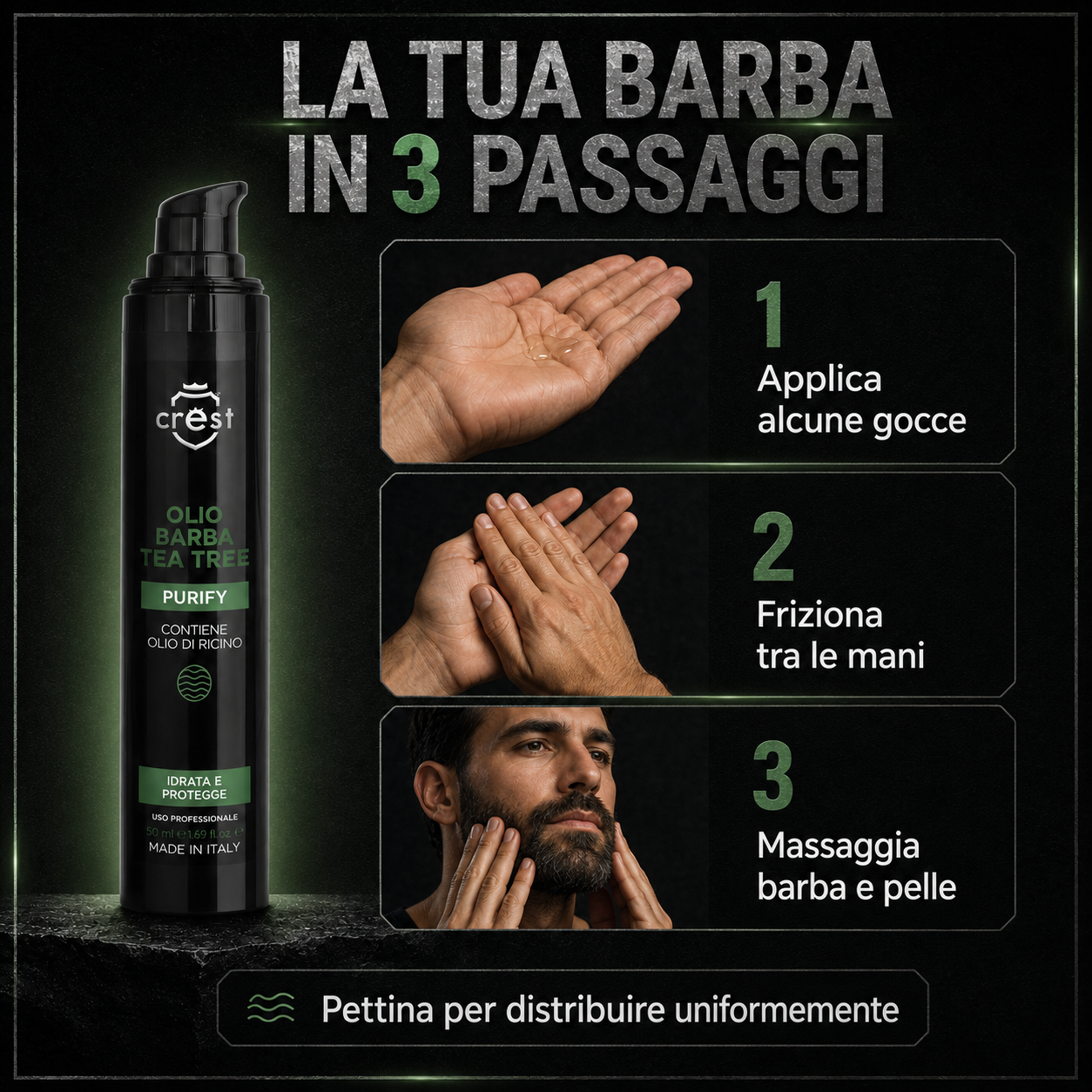 Modalità d’uso di CREST Beard Oil Tea Tree in tre passaggi: applicare alcune gocce, frizionare le mani e massaggiare barba e pelle.