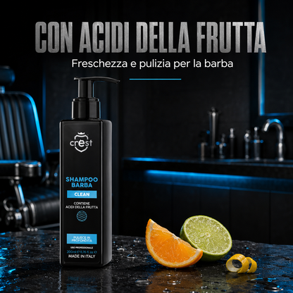 CREST Beard Shampoo da 200 ml con richiami agrumati per rappresentare gli acidi della frutta e la sensazione di freschezza.