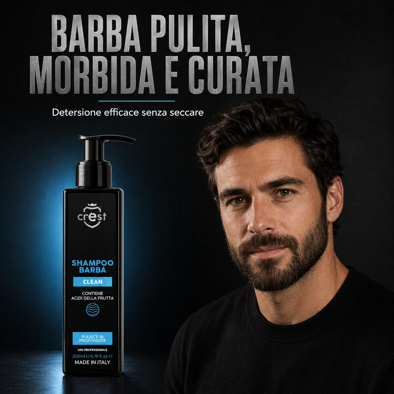 CREST Beard Shampoo da 200 ml accanto a un modello con barba pulita, morbida e curata.