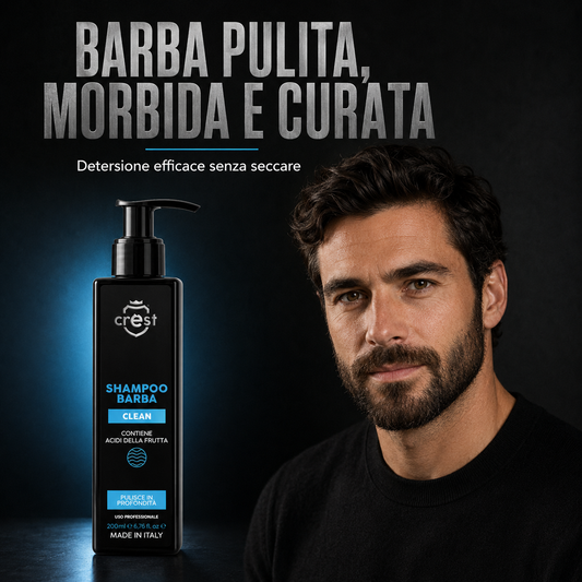 CREST Beard Shampoo da 200 ml accanto a un modello con barba pulita, morbida e curata.