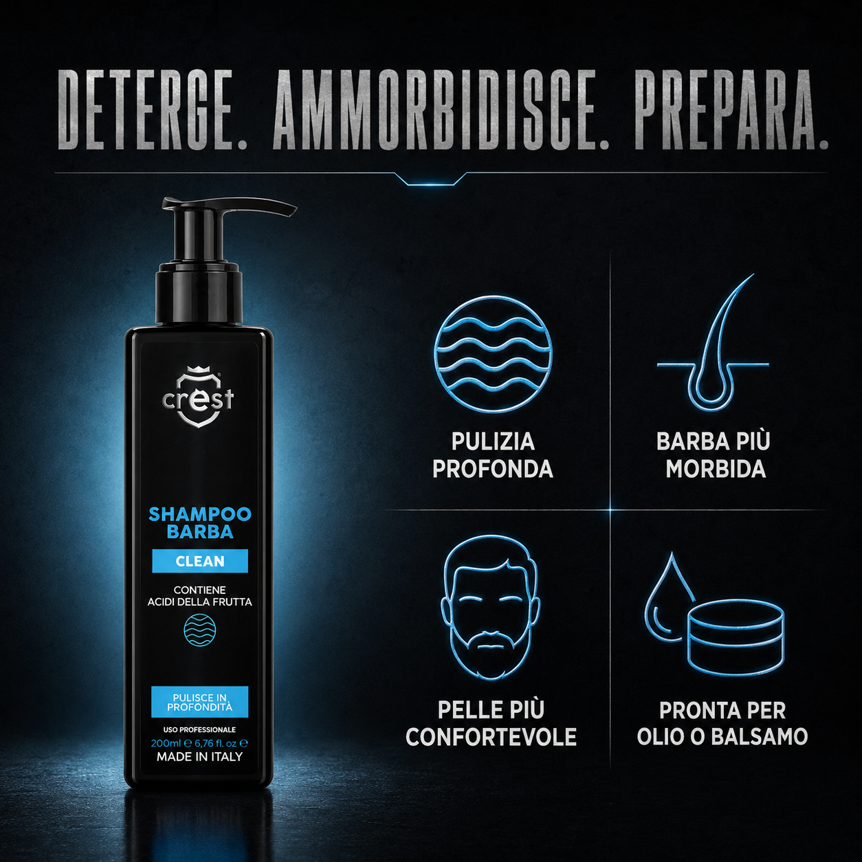 CREST Beard Shampoo con quattro benefici: pulizia profonda, barba più morbida, pelle più confortevole e preparazione a olio o balsamo.