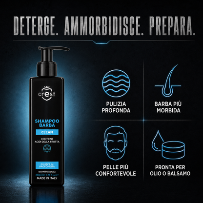 CREST Beard Shampoo con quattro benefici: pulizia profonda, barba più morbida, pelle più confortevole e preparazione a olio o balsamo.